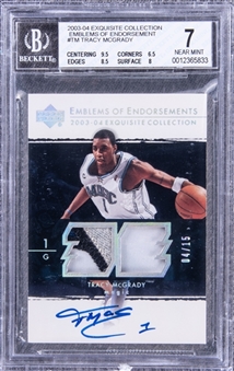 2003-04 UD "Exquisite Collection" Emblems of Endorsement #TM Tracy McGrady Signed Game Used Patch Card (#04/15) - BGS NM 7/BGS 10